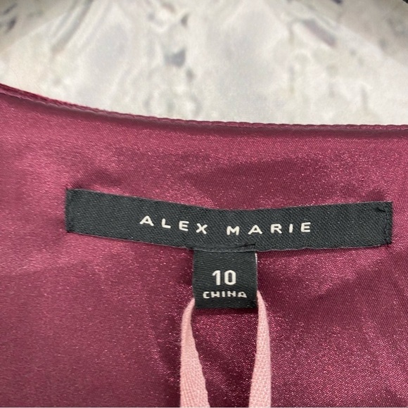 Alex Marie Long Sleeve Solid Mahogany Red Velvet Ruched Faux Wrap Dress V Neck - Picture 11 of 12